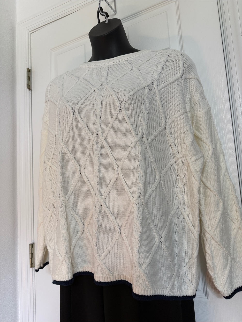 wild fable Ivory Cable Knit Crewneck Sweater with Navy Edge